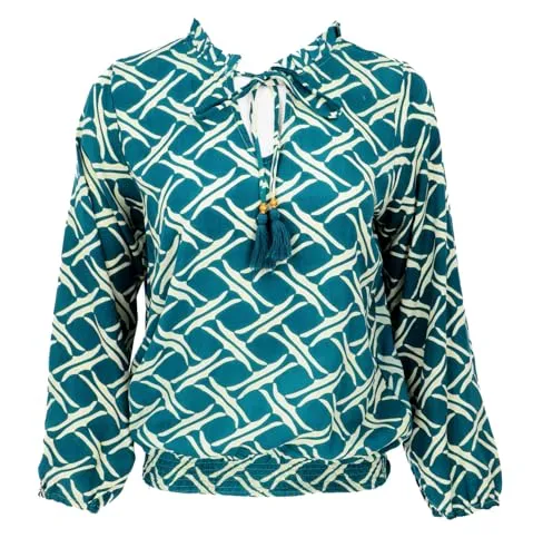GURU SHOP Schlupfbluse Boho Chic - Luftige Langarmbluse in Petrol/Weiß für Damen, Größe M - Stylische Schlupfbluse mit hohem Kragen und elastischen Bündchen. Ideal für einen entspannten Look, perfekt für die Freizeit und angenehm zu tragen.