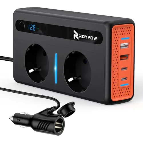 RoyPow 300W Auto Spannungswandler Wechselrichter - Wechselrichter für Fahrzeuge mit 300W Dauerleistung, 2 Steckdosen und 4 USB-Ports für schnelles Laden – ideal für Reisen und Camping.