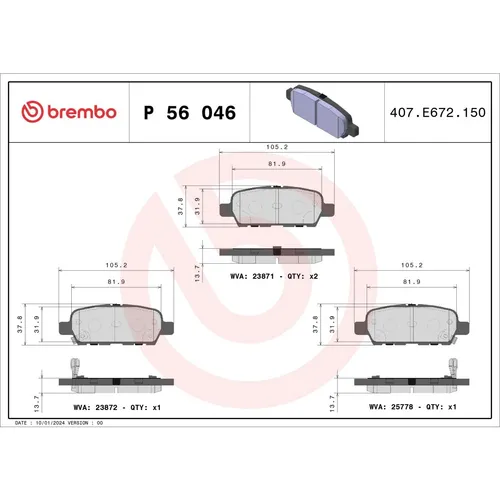 Bremsbelagsatz BREMBO P 56 046, Hinten von Brembo