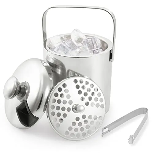LONCWO Eiswürfelbehälter mit Deckel und Zange, 1,3L Edelstahl Eiskübel, Doppelwandig Isoliert Eiseimer für Eiswürfel, Eisbehälter für Eiswürfel Aufbewahrung, Eiskühler, Silber