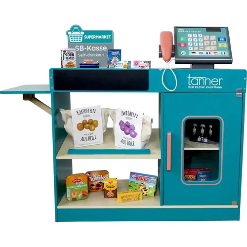 Moderne Supermarkt Theke mit Kassensystem - Spielmöbel mit hochwertiger Holzverarbeitung und integrierter Tanner Scannerkasse für interaktives Spielvergnügen. Fördert Kreativität und soziale Interaktion bei Kindern ab 3 Jahren!