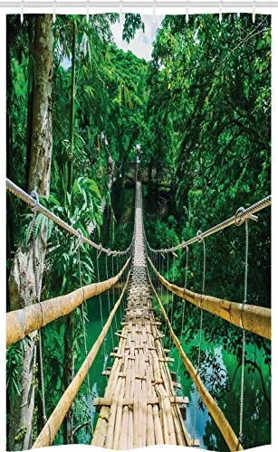 ABAKUHAUS Tropisch Schmaler Duschvorhang, Fluss Bambuswald, Badezimmer Deko Set aus Stoff mit Haken, 120 x 180 cm, Beige Grün
