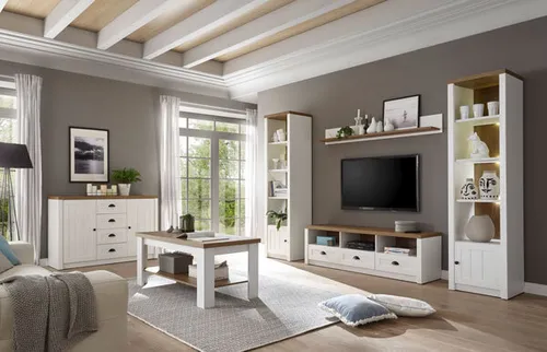 Landhaus Wohnwand Mediawand Anbauwand Wohnzimmer 260cm pinie weiß eichefarben hell