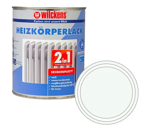 Wilckens Heizkörperlack 2in1 Weiß seidenmatt 375 ml - Innenfarben - 2in1 Heizkörperlack in Weiß, hitzebeständig bis 120°C, für eine schnelle und einfache Anwendung als Grund- und Deckanstrich in einem. Ideal für Heizkörper und Rohre.