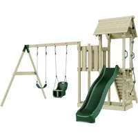 Rebo Spielturm mit Wellenrutsche, Kinder-Schaukel und Baby-Schaukel - Outdoor Klettergerüst für den Garten mit stabiler Konstruktion, Plattform, Kletterseil und Kletterleiter – ideal für stundenlangen Spielspaß!