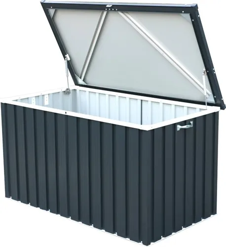 Duramax Metall Gerätebox 585 l - Wetterfeste Aufbewahrungslösung - Gartenbox aus feuerverzinktem Stahlblech, abschließbar und wartungsfrei. Mit 585 l Volumen und Gasdruckfedern für müheloses Öffnen ist sie ideal für Gartengeräte und Möbelauflagen.
