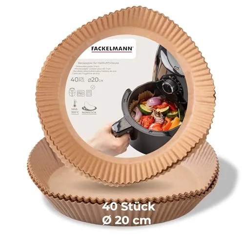 Fackelmann Backpapier für Heißluftfritteuse – 20 x 20 cm rund, 40-teilig, öl- und wasserfest, beschichtet – hitzebeständig bis 220C, mikrowellen- und backofengeeignet