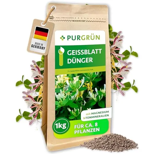 Purgrün Geißblatt Dünger, NPK 5+4+6 mit Premium Magnesium - Pflanzendünger – Fördert üppige Blüten und gesundes Wachstum mit extra Kalium und chloridarmen Inhaltsstoffen für widerstandsfähige Geißblattpflanzen.