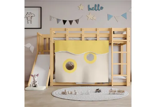 Odikalo Etagenbett Kinderbett Holzbett Treppe Zäune Bettvorhang Gitter Natur 90x200cm