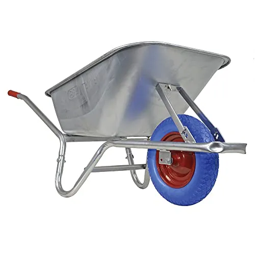 BPA Schubkarre Vollgummi mit Vollgummirad Vollgummireifen Bauschubkarre Schubkarren pannensicher Scheibtruhe Gartenkarre | 100 Liter Mulde verzinkt | PU Rad blau mit Kugellager