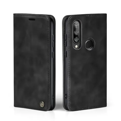 LBH Handyhülle für Huawei P30 Lite in Schwarz mit Karten- und Geldfach Smartphone Hülle mit Standfunktion Flip Case Schutzhülle Magnetverschluss Vintage