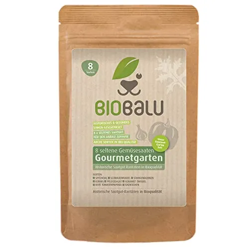 Biobalu Gourmetgarten Bio - 8 Alte Sorten - Historisches Saatgut Set Gemüse, Samen Raritäten in Bioqualität, Samenfeste & Seltene Gemüsesorten für Freiland, Gewächshaus & Balkon - Geschenkset