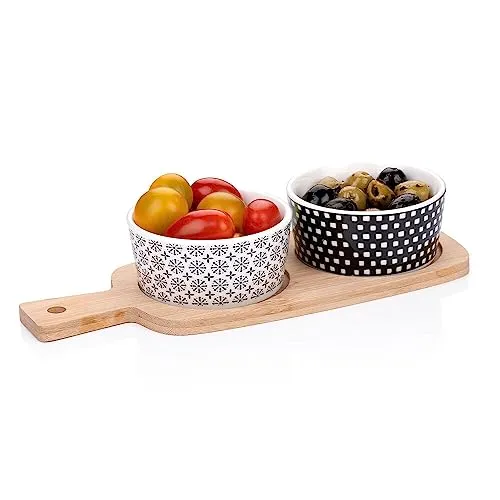 Murago - Tapas Snackplatte 3-tlg Set - Bambusteller mit Griff Keramik Snack Schalen Teller Platte Brett Snackteller Serviertablett Schälchen Gastro Servierschale Dips Vorspeisen Oliven Candy Nüsse