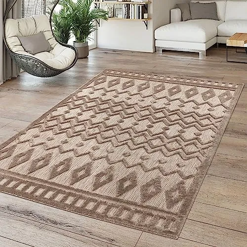 TT Home In-& Outdoor Teppich Wetterfest Balkon Küche Wohnzimmer Boho Skandi Design, Farbe:Dunkelcreme Beige, Größe:120x160 cm