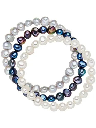 Valero Pearls Damen-Armband 3er Set - Elegante Perlenarmbänder in Weiß, Silber und Dunkelblau - Armbänder für Damen: Set mit 3 flexiblen Perlenarmbändern aus Süßwasser-Zuchtperlen, ideal für stilvolle Akzente zu jedem Outfit. Perfekt zum Verschenken in hübscher Verpackung.