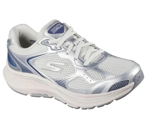 Skechers Damen Go Run Consistent 2.0 Volt Sneaker - Ultraleichte Sneaker aus silberfarbenem Leder mit marineblauer Zierleiste, ideal für komfortables Laufen dank atmungsaktiver Goga-Matten-Technologie.