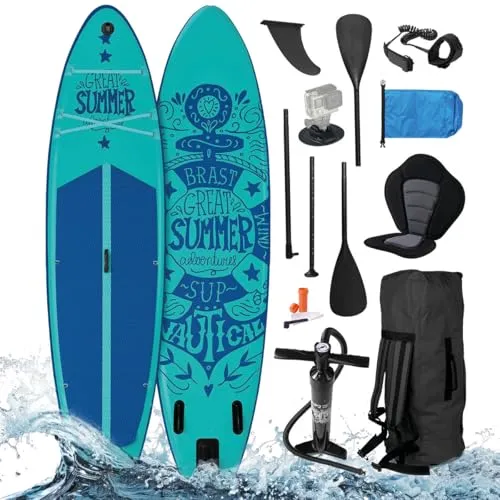 BRAST SUP-Board Summer - 2in1 Aufblasbares Stand Up Paddle Set - SUP-Board mit 5 Jahren Garantie, extra dicke Anti-Rutsch-Standfläche und umfangreichem Zubehör für maximalen Spaß auf dem Wasser.
