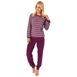 Normann Pyjama Damen Frottee Pyjama langarm Schlafanzug mit Bündchen Streifenoptik rot 36/38