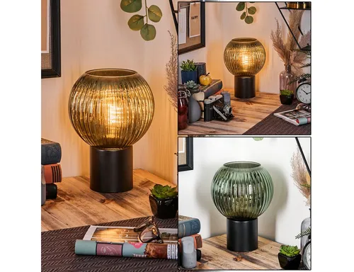 Hofstein Tischleuchte aus Metall und Riffelglas in Schwarz und Grün - Stilvolle Tischlampe im Retro-Design, ideal für Arbeitszimmer oder Wohnzimmer. Die Leuchte hat einen robusten Metallfuß und einen eleganten Glasschirm, perfekt für eine gemütliche Atmosphäre.