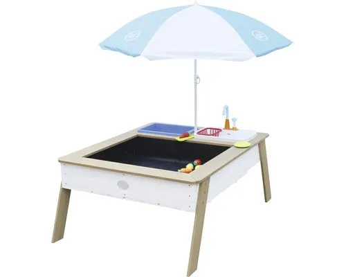 AXI Linda Sand & Wassertisch aus Holz mit Spielküchenspüle | Matschtisch/Spielküche/Wasserspieltisch/Sandtisch für Kinder in Braun & Weiß mit Sonnenschirm