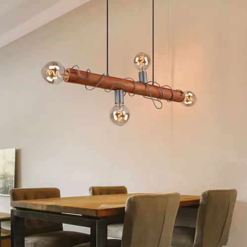 Rustikale Hängelampe 4-flammig aus Holz und Metall - Elegante Pendellampe für Ihr Wohnzimmer in grau und braun, individuell gestaltbar mit E27-Leuchtmitteln, Höhe bis 120 cm verstellbar.