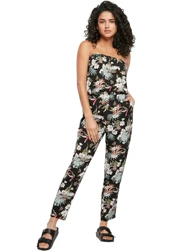 Urban Classics Ladies Viscose Bandeau Jumpsuit - Black Tropical, 3XL - Stylischer, schulterfreier Jumpsuit für Damen, ideal für warme Sommertage. Mit elastischem Bund für perfekten Sitz und höchsten Tragekomfort. Erhältlich in mehreren Farben und Größen.