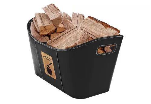 Holzkorb Salzburg schwarz - Aschesauger: Eleganter Holzkorb aus hochwertigem Kunstleder mit ergonomischen Griffen für müheloses Tragen. Ideal für Kaminholz oder zur stilvollen Aufbewahrung von Zeitschriften und mehr.