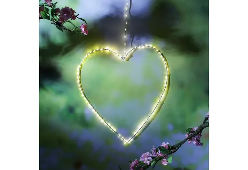 LED Herz - Hängendes Metallherz mit 130 warmweißen LEDs - Hängendes Metallherz (40cm) mit 130 warmweißen LEDs, ideal für Garten, Balkon oder Wohnbereich. Inklusive Timer und Außentrafo für flexible Platzierung – sorgt für stimmungsvolle Beleuchtung!