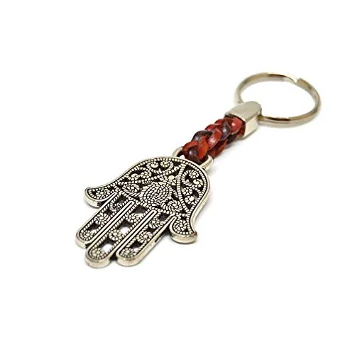 ClaroSchmuck Schlüsselanhänger Schlüsselring Hand der Fatima an Lederband 8 cm Plus Ring 2,5cm