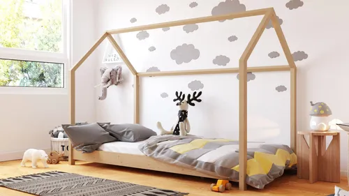 Kinderbett Haus Kiefer 80x180 cm – Skandinavisches Holzhausbett für Kinder