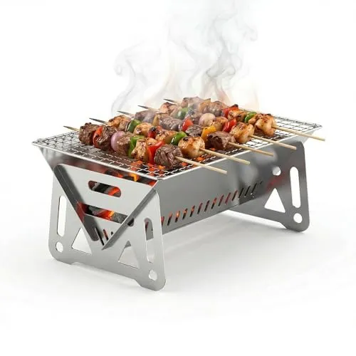 Ziyonix Camping Grill Klappgrill, Holzkohlegrill Picknickgrill Edelstahl Barbecue Tragbarer BBQ Kohle Smoker Grill Faltbarer Barbecue Camping Grill für Kochen Camping Wandern Picknick(28 * 18 * 13cm)