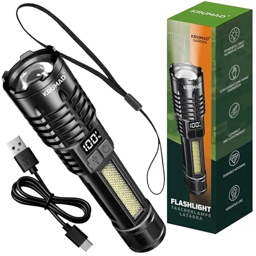 KRUMAD LED Taschenlampe Aufladbar – starke Handlampe mit COB-Seitenlicht, 5 Modi & Akkuanzeige – USB-C Taschenlampe wasserdicht für Camping & ...