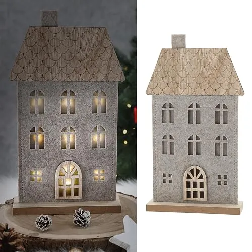 Cepewa LED Haus auf Holzfuss | Polyesterfilz MDF 17x30x5cm 9 LEDs batteriebetrieben | Leuchthaus mit Timerfunktion
