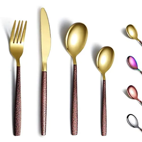 Berglander Besteck Set 24 Stück mit Mondoberfläche Griff und glänzendem Goldmund Titanbeschichtung, Edelstahl Modernes Besteckset Utensilien Set Service für 6