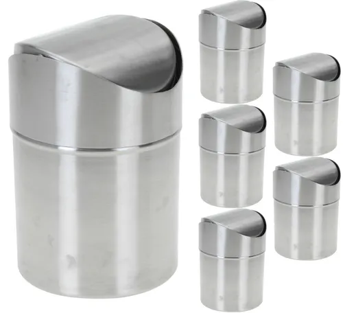 Koopman Tischrestebehälter 6 x Mülleimer Abfalleimer 1,5 L Tischmülleimer Edelstahl, 6 er Set, 12,5 x 16 cm, Deckel abnehmbar, Schwingdeckel