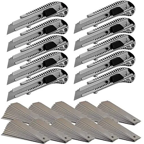 Alaskaprint 10x professionelles Aluminium Cuttermesser 18mm Teppichmesser profi, inklusive 100x Abbrechklingen aus SK5 Cuttermesser Profi für Heimwerk & Gewerbe