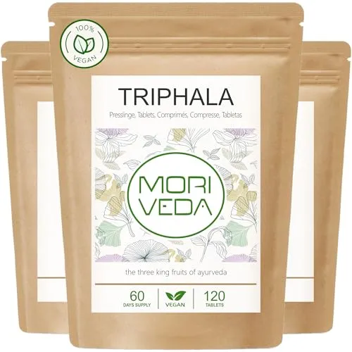 MoriVeda Triphala Presslinge 1000mg, 3x 120 Tabletten, Ayurvedische Dreifrucht-Mischung aus Amla, Haritaki & Bibhitak, pflanzliches Ergänzungsmittel vegan