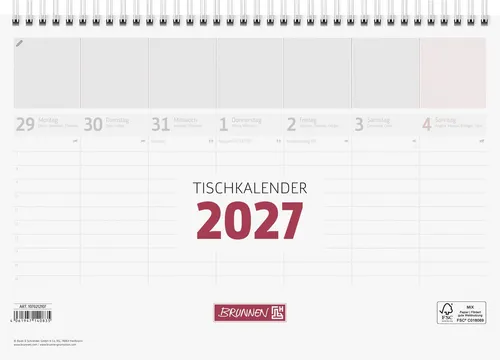 Baier & Schneider Tischkalender Tischkalender 2027 Wochenplaner mit Stundeneinteilung weiß