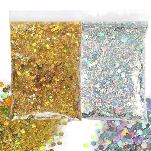 SNONESIY Glitzer Basteln Glitzerpulver 100g (50g Gold + 50g Silber) - Bastelglitzer, Glitter, Silber, Gold, 100g
