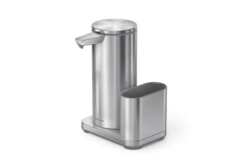simplehuman Wiederaufladbarer Sensorspender aus Edelstahl - Eleganter Seifenspender aus gebürstetem Edelstahl mit berührungsloser Sensorsteuerung für hygienisches Händewaschen. Bis zu 3 Monate Akku-Laufzeit und verstopfungssichere Pumpe für präzise Dosierung.