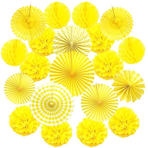 ZERODECO 20 Stück Seidenpapier Pompoms, Papier Fans Fächer und Wabenbälle Dekorpapier Kit für Geburtstag Hochzeit Baby Dusche Parteien Hauptdekorationen - Gelb