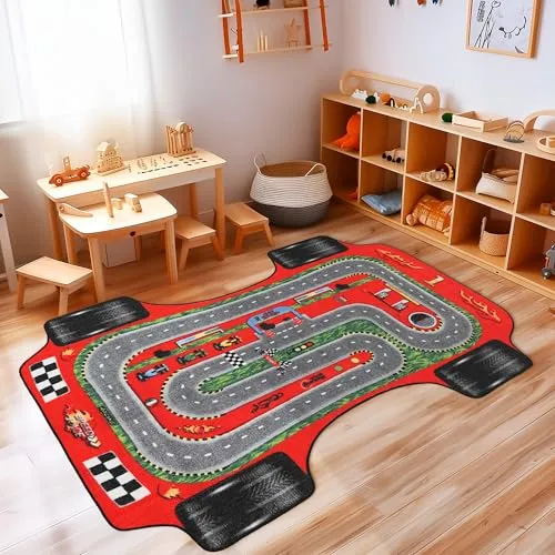 Carpettex Kinderteppich rutschfest | Rennstrecke und Rennwagen Design 120 x 170 cm | Kein Abwurf | Kurzflor und Waschbarer Spielteppich für Kinderzimmer für Mädchen und Jungen | Rot, Auto