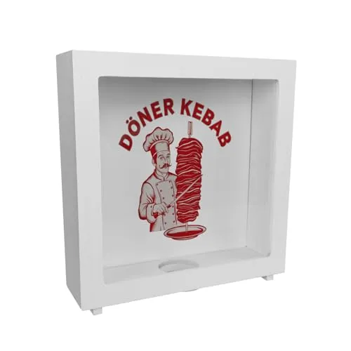 Döner Kebab Logo Trinkgeld Rahmen Spardose aus Holz Die perfekte Dönerkasse für Ihren Dönerladen witziges Design mit Koch und Schnurrbart Rot-Weiß mit Fleischspieß-Dekor