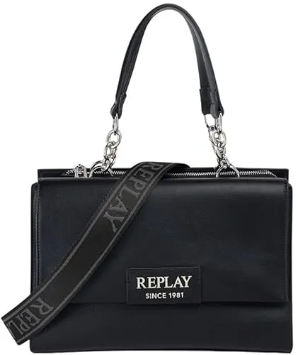 Replay Taschen Kunstleder Handtasche - Schwarz - Moderne Handtasche mit hochwertiger Verarbeitung und stilvollen Metallketten. Praktisches Hauptfach mit Reißverschluss und abnehmbarem Schulterriemen für flexibles Tragen im Alltag.