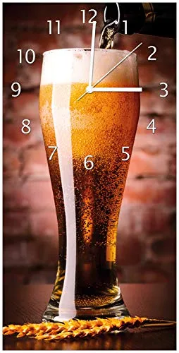 Wallario Design-Wanduhr, Acrylglasuhr Größe 30 x 60 cm, weiße Zeiger, Motiv Frisches Pils