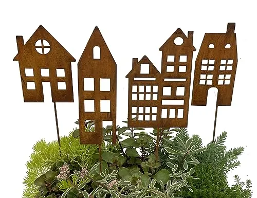 LB H&F Lilienburg 4er Set Häuser Gartenstecker rost Deko Gartendeko Rosthaus edelrost deko Frühling Sommer Dekoration Haus Metall 60 cm