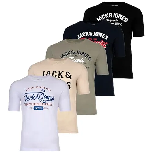 JACK&JONES Herren T-Shirt 5er Pack - JJLEOGRA Tee Crew Neck - T-Shirts für Herren im 5er Pack, ideal für den Alltag. Angenehmes Tragegefühl aus reiner Baumwolle und mit verschiedenen Logo-Prints für einen modischen Look.