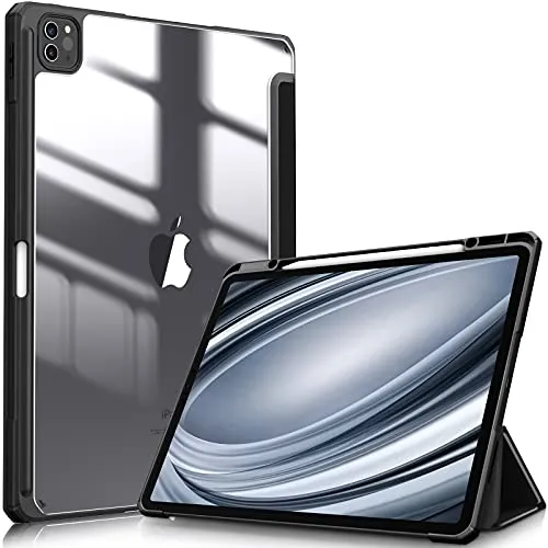 Fintie Hybrid Hülle für iPad Pro 12.9 2022 (6. Generation)/ iPad Pro 12.9 2021/2020/2018 mit Stifthalter - Stoßfeste Schutzhülle mit transparenter Hartschale auf der Rückseite, Schwarz