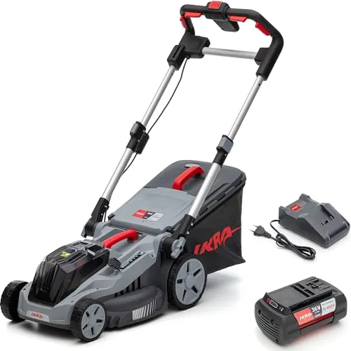 IKRA BOSCH 36V 3in1 Rasenmäher IB-LM 38 - Sichelmäher für Rasenflächen bis 400m², mit 38cm Schnittbreite und 5-fach verstellbarer Schnitthöhe. Inkl. 36V Akku und Ladegerät für kabellose Freiheit und müheloses Mähen, Fangen und Mulchen.