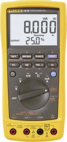 Fluke 787B Hand-Multimeter - Spannungsprüfer mit Digitalmultimeter und Stromschleifenkalibrator, ideal für präzise Messungen und Kalibrierungen in Stromschleifenanwendungen, inklusive Fluke-Connect-App für drahtlose Datenüberwachung.